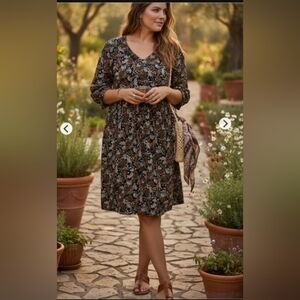 Garnet Hill Black and Tan Floral Long Sleeve Dress, 14, Preowned